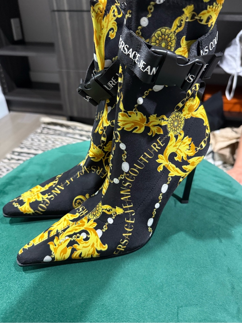 Versace Jeans Collection Black & Yellow Baroque Pointed Sock Boots